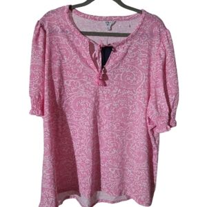 Crown & Ivy Pink Paisley Peasant Top 4X – Short Sleeve Tassel Tie Blouse